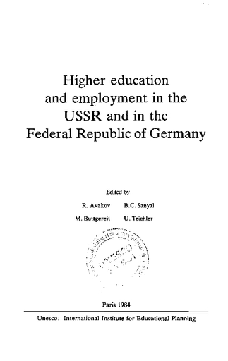 Higher Education And Employment In The Ussr And In The Federal Republic Of Germany Unesco Digital Library