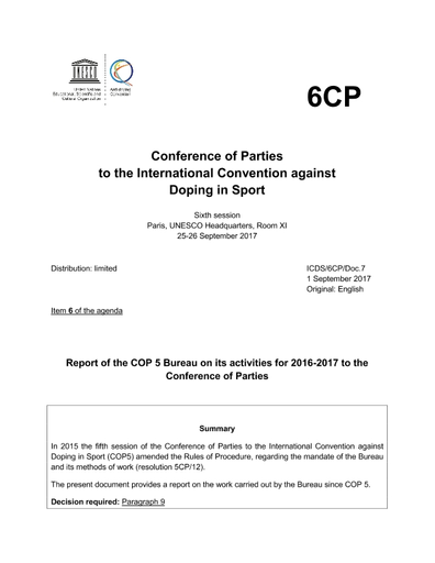 Report the COP 5 Bureau on its activities for 2016-2017 the Conference of Parties