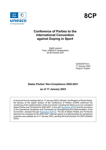 Image?id=p  Usmarcdef 0000384286&author=Conference Of Parties To The International Convention Against Doping In Sport&title=States Parties’ Non Compliance 2020 2021 As Of 17 January 2023&year=2023&TypeOfDocument=UnescoPhysicalDocument&mat=PGD&ct=true&size=512&isPhysical=1