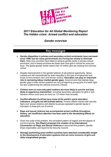 2011 Education for All global monitoring report: The hidden crisis: armed  conflict and education; gender overview