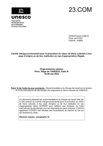 Recommandations du Groupe de travail sur la révision du Code international  de déontologie des négociants en biens culturels de l'UNESCO