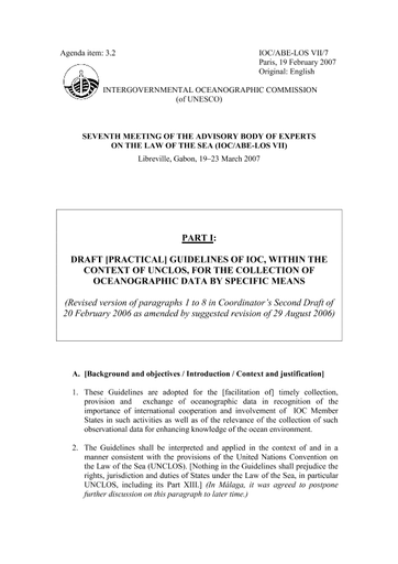 Draft (practical) guidelines of IOC, within the context of UNCLOS, for the  collection of oceanographic data by specific means