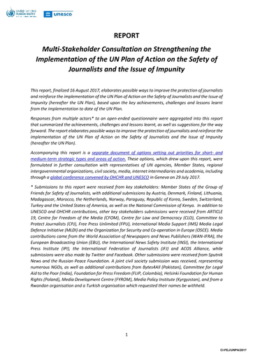 Multi-Stakeholder consultation on strengthening the implementation of the  UN Plan of Action on the Safety of Journalists and the Issue of Impunity:  report