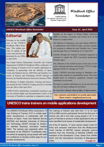 UNESCO Windhoek Office newsletter, issue 12, Apr. 2016