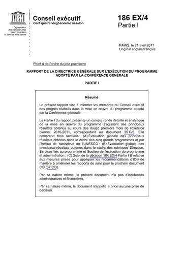 Rapport de la Directrice générale sur l'exécution du programme adopté par  la Conférence générale