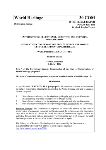 Examination of the state of conservation of World Heritage properties:  state of conservation reports of properties inscribed on the World Heritage  List