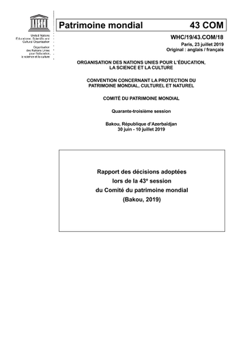 Rapport des décisions adoptées lors de la 43e session du Comité du  patrimoine mondial (Bakou, 2019)