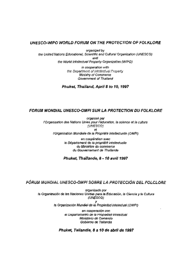 Unesco Wipo World Forum On The Protection Of Folklore Phuket Thailand April 8 To 10 1997
