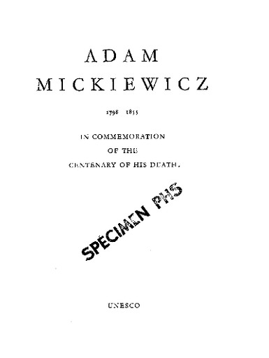 Adam Mickiewicz, ; in commemoration of the centenary of